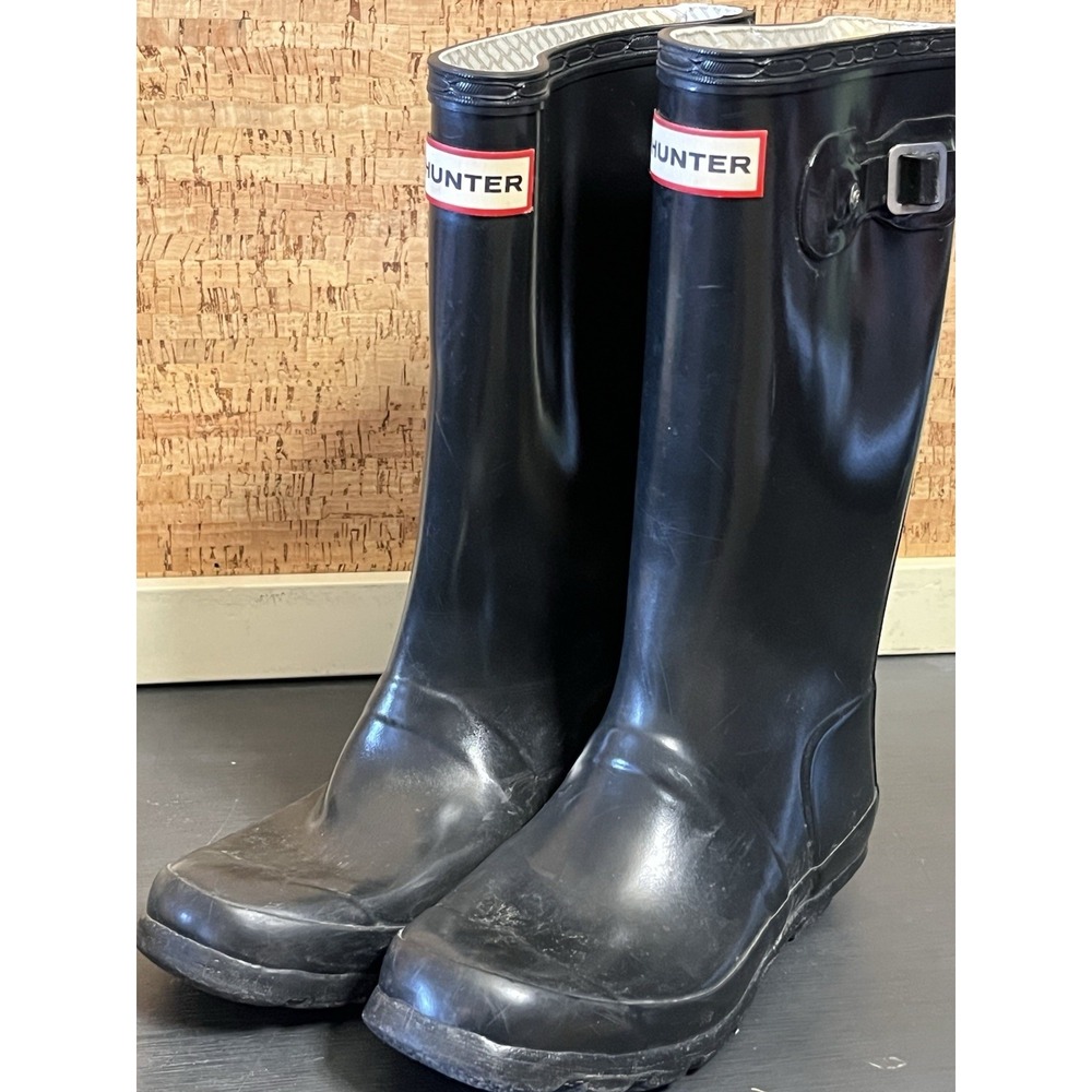 Hunter Kids Black Glossy Original Tall Rain Boots US Size M2 F3
